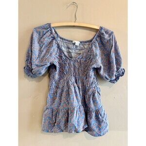 AMERICAN EAGLE Women's XS Floral Short Puff Sleeve Summer Blue Babydoll Ruched